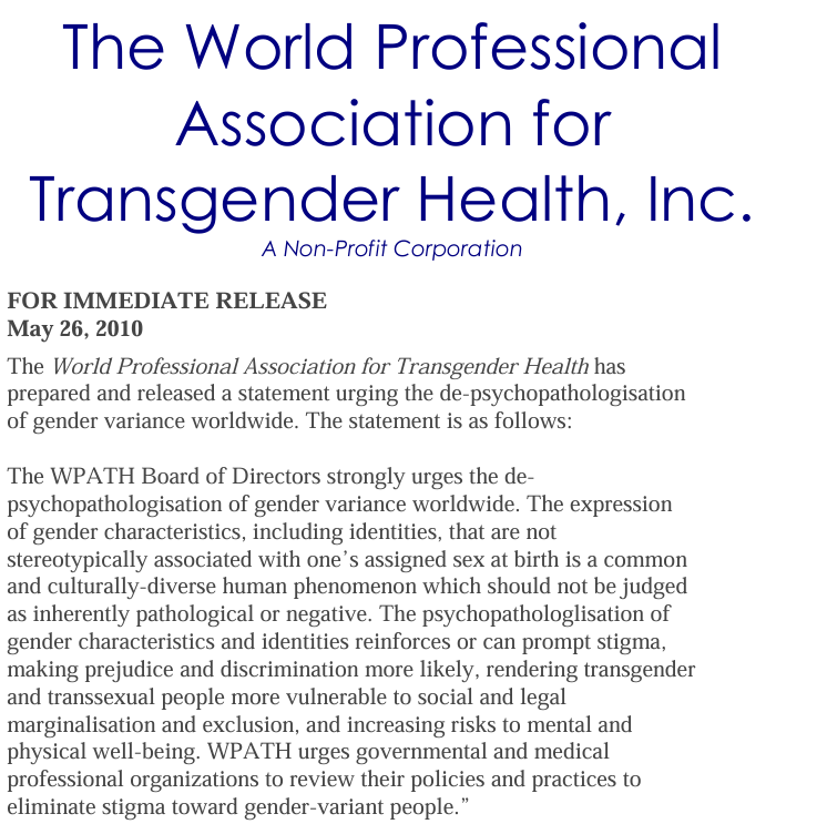 Screenshot of WPATH's 2010 official depsychopathologization statement urging worldwide policy changes