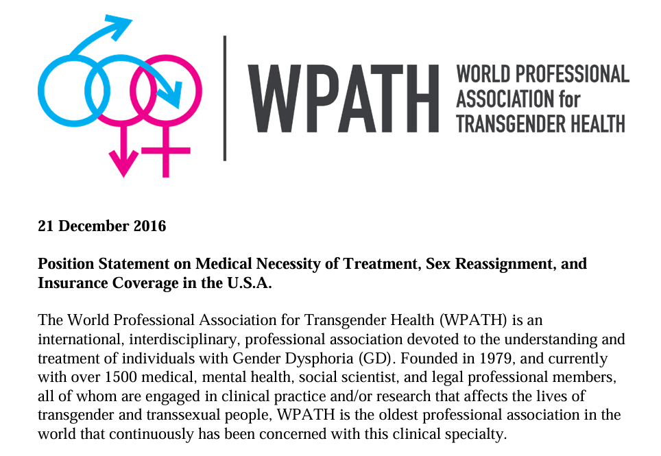 Screenshot of WPATH Position Statement on Medical Necessity declaring hormonal and surgical interventions essential
